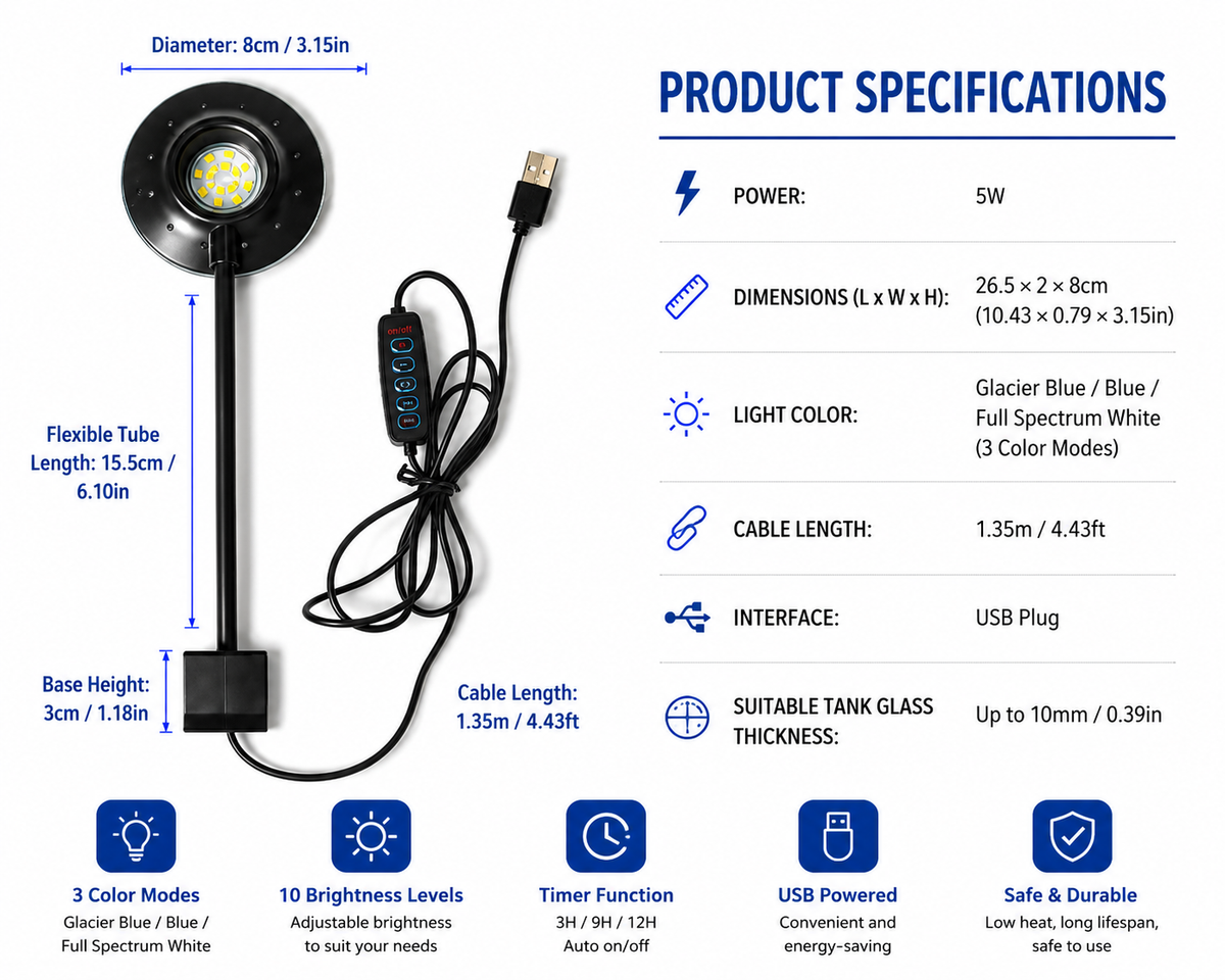 3 MODE USB UFO Shape Fish Tank Clip Lamp Flexible Stem Adjustable Brightness Light