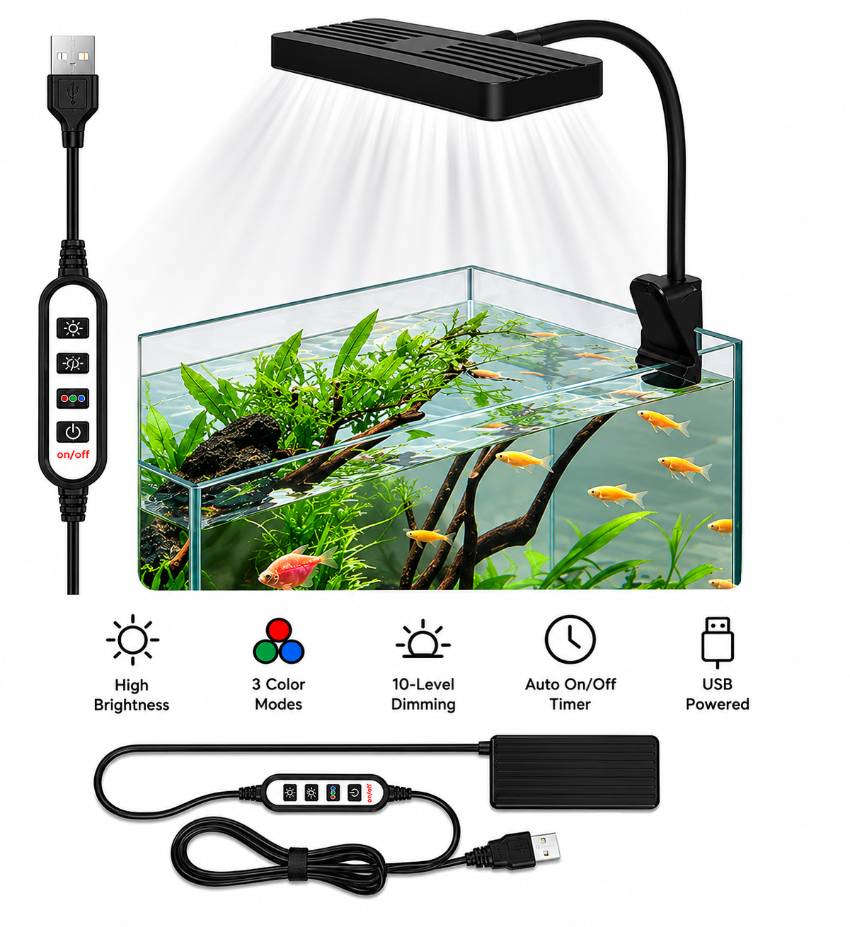USB Powered Full Spectrum Aquatic Plant Light,  Dimmable Brightness With Timer Fuction