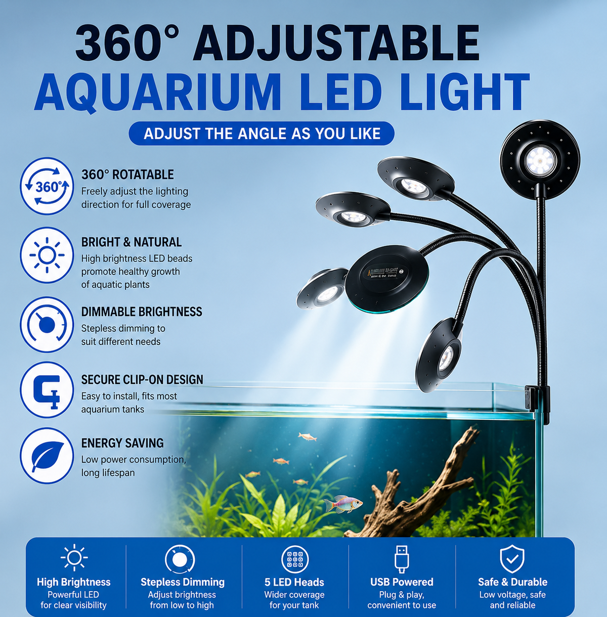 3 MODE USB UFO Shape Fish Tank Clip Lamp Flexible Stem Adjustable Brightness Light