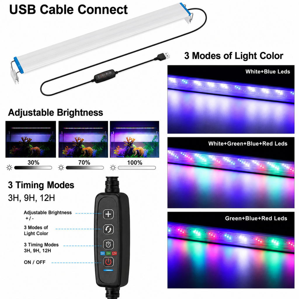 USB 5V Fish Tank Light Adjustable Brightness Light For Fish Tank Adjustable length Clip