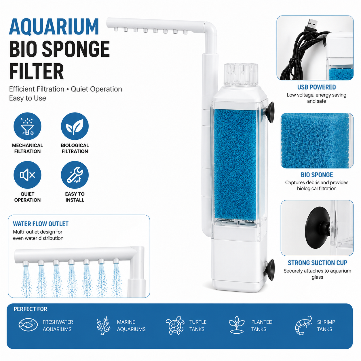 USB Mini Submersible Aquarium Filter Fish Tank Internal Filter Pump