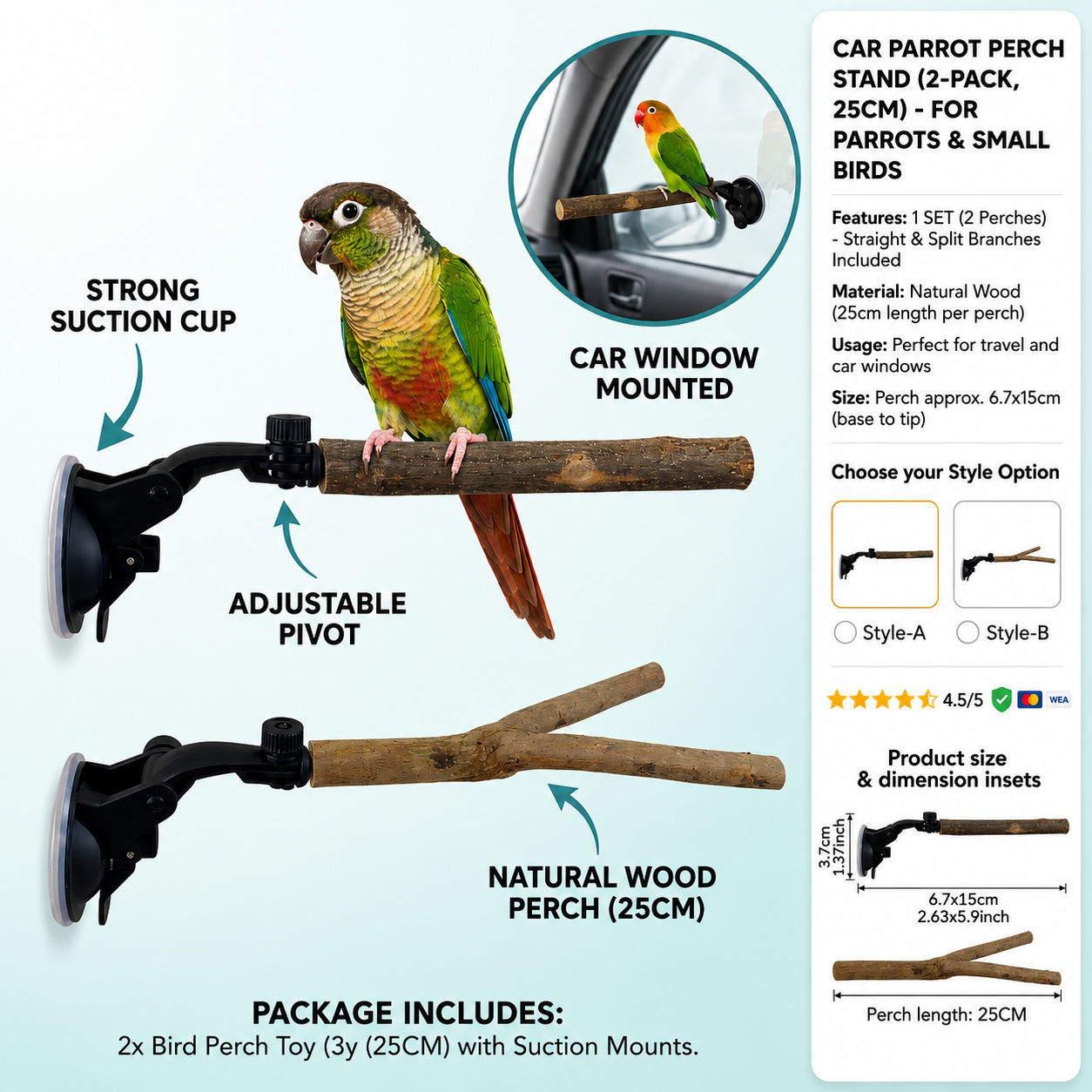 Car Parrot Perch Stand Strong Suction Cup 1 SET (2 x 25cm Perches )