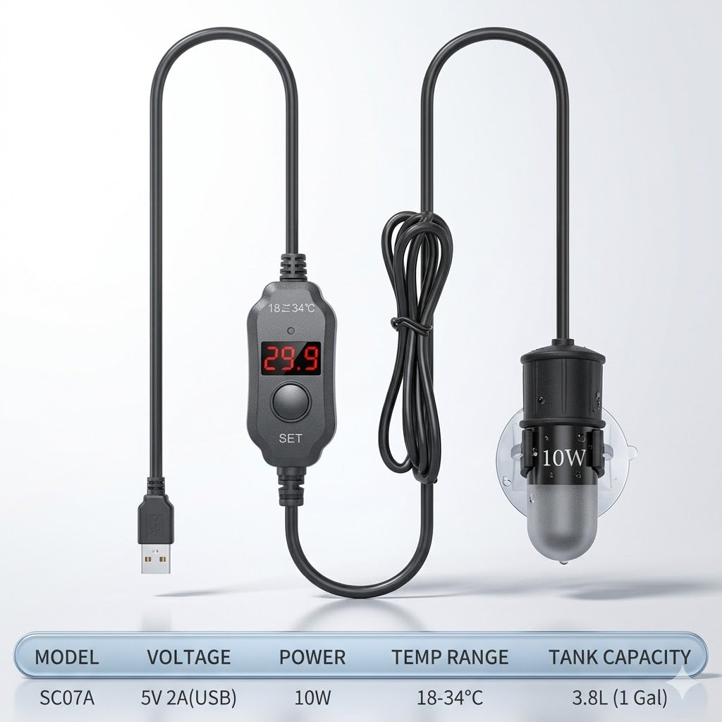 USB Mini Aquarium Heating Rod Fish Tank Submersible Thermostat Heater 18-34°C Adjustable Temperature