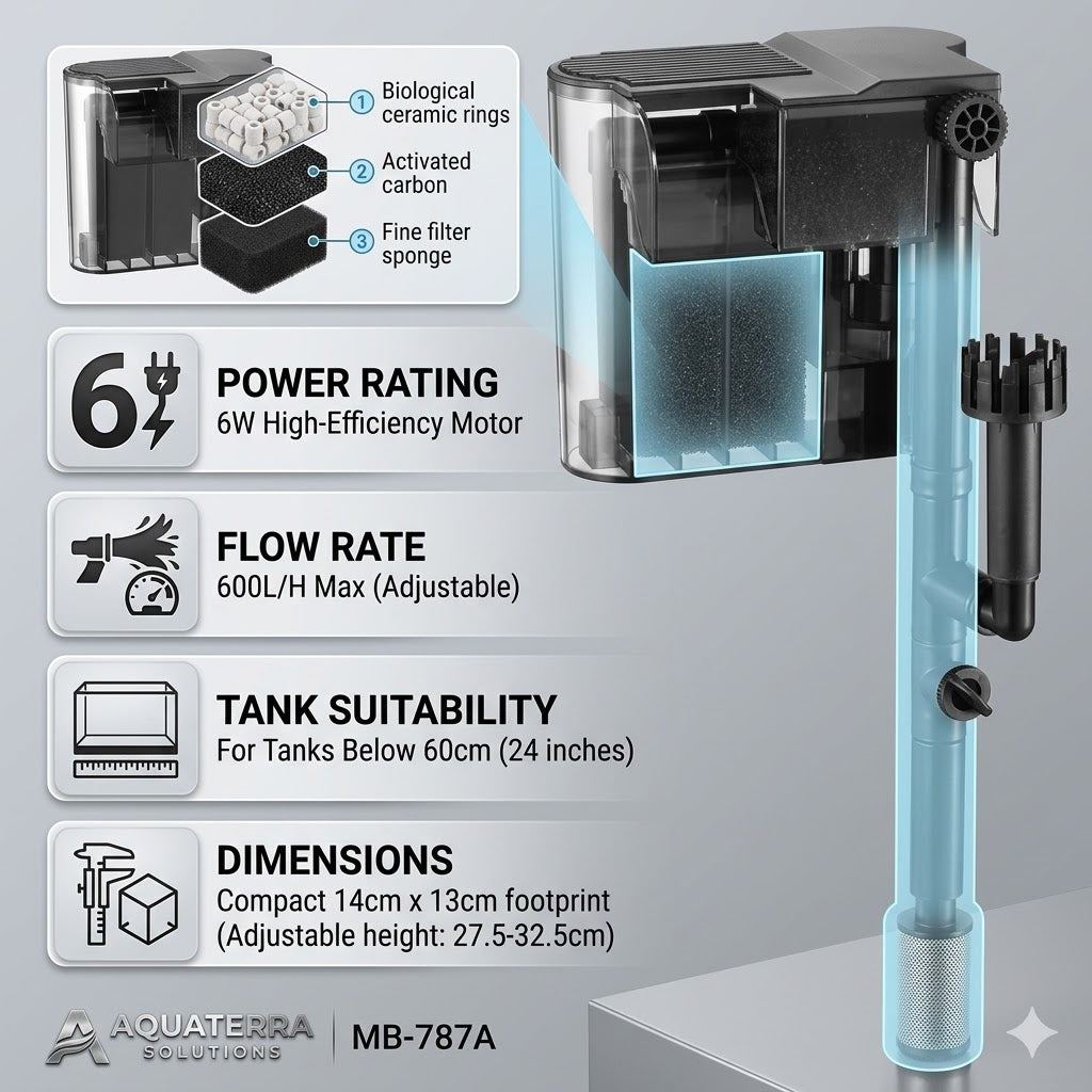 600L/H 6W STRONG FILTER Hang on Aquarium Filter Fish Tank Filter 3-in-1