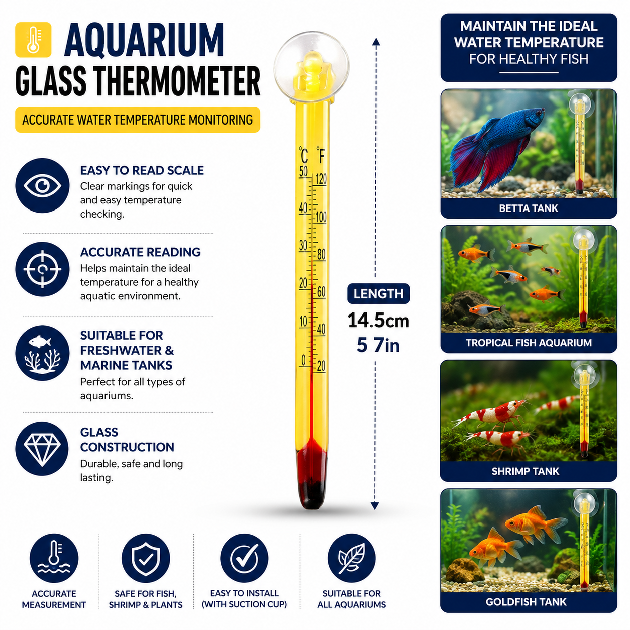 Aquarium Glass Thermometer – 14.5cm