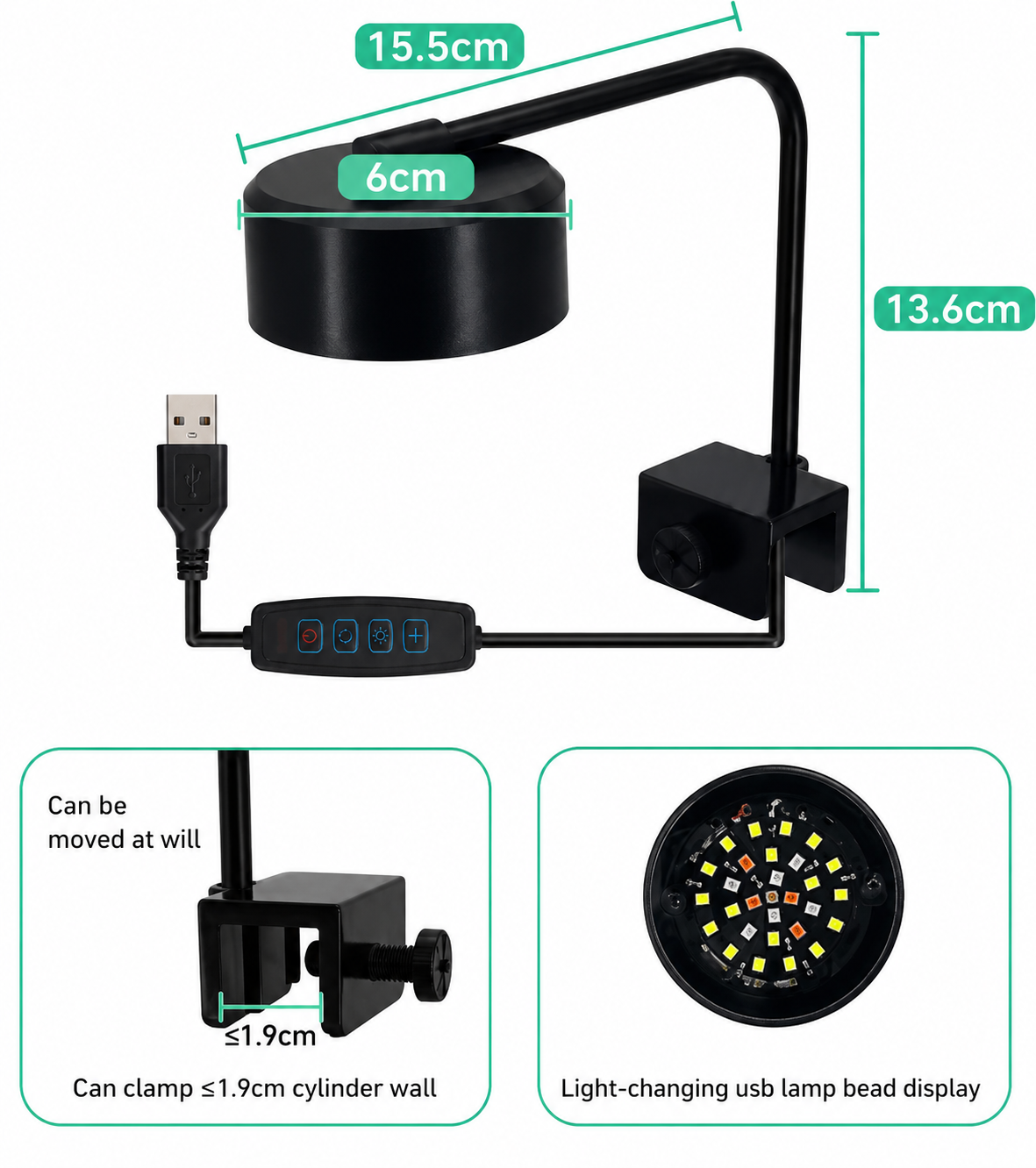 USB 3 MODE OF CHANGING LIGHT 8W LED 90 Degree Bend Fish Tank Clip