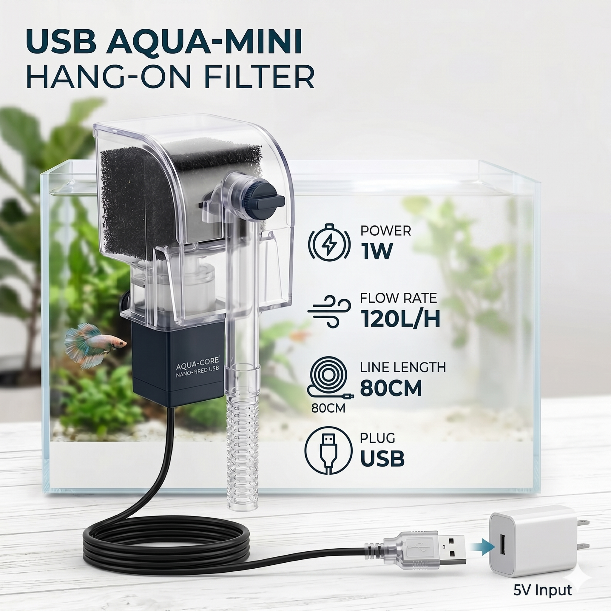 USB 5V SMALL Adjustable Aquarium Filter Quiet Waterfall Fish Tank