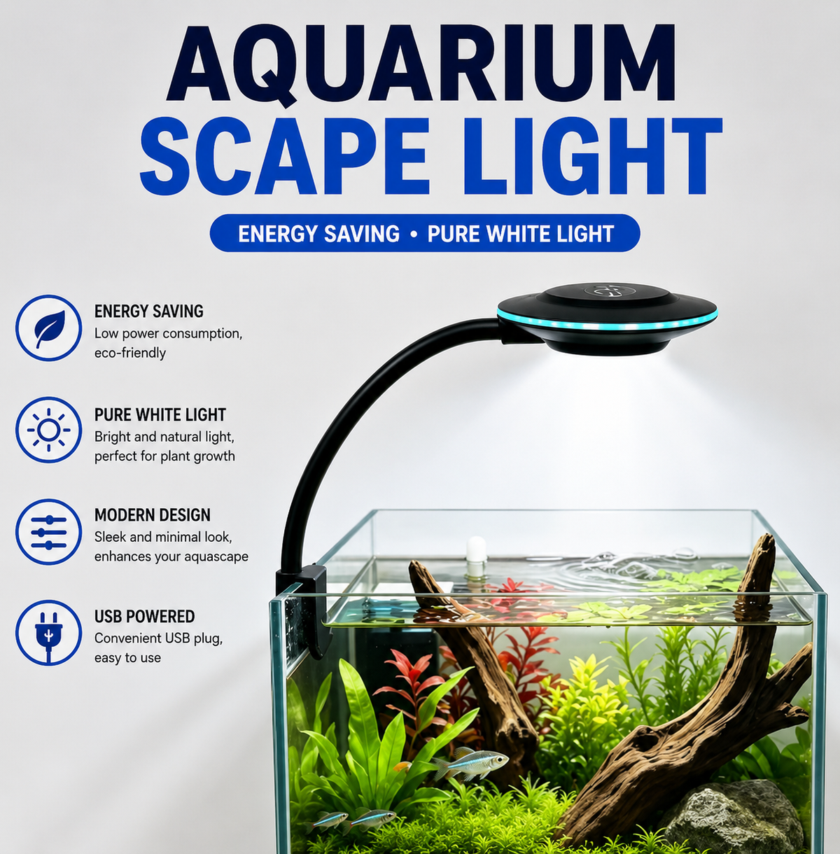 3 MODE USB UFO Shape Fish Tank Clip Lamp Flexible Stem Adjustable Brightness Light