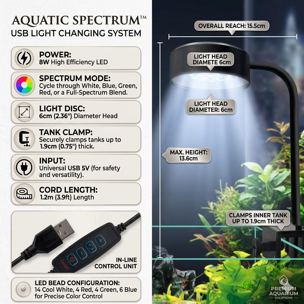USB 3 MODE OF CHANGING LIGHT 8W LED 90 Degree Bend Fish Tank Clip