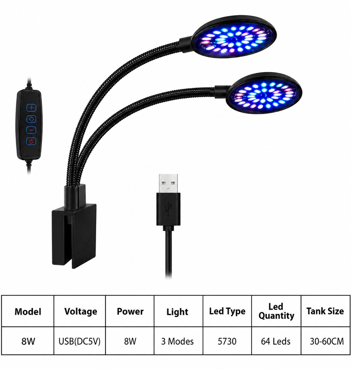 3 MODE +DUAL USB Aquarium LED Light Fish Tank Clip Adjustable Brightness Dimmable 360°